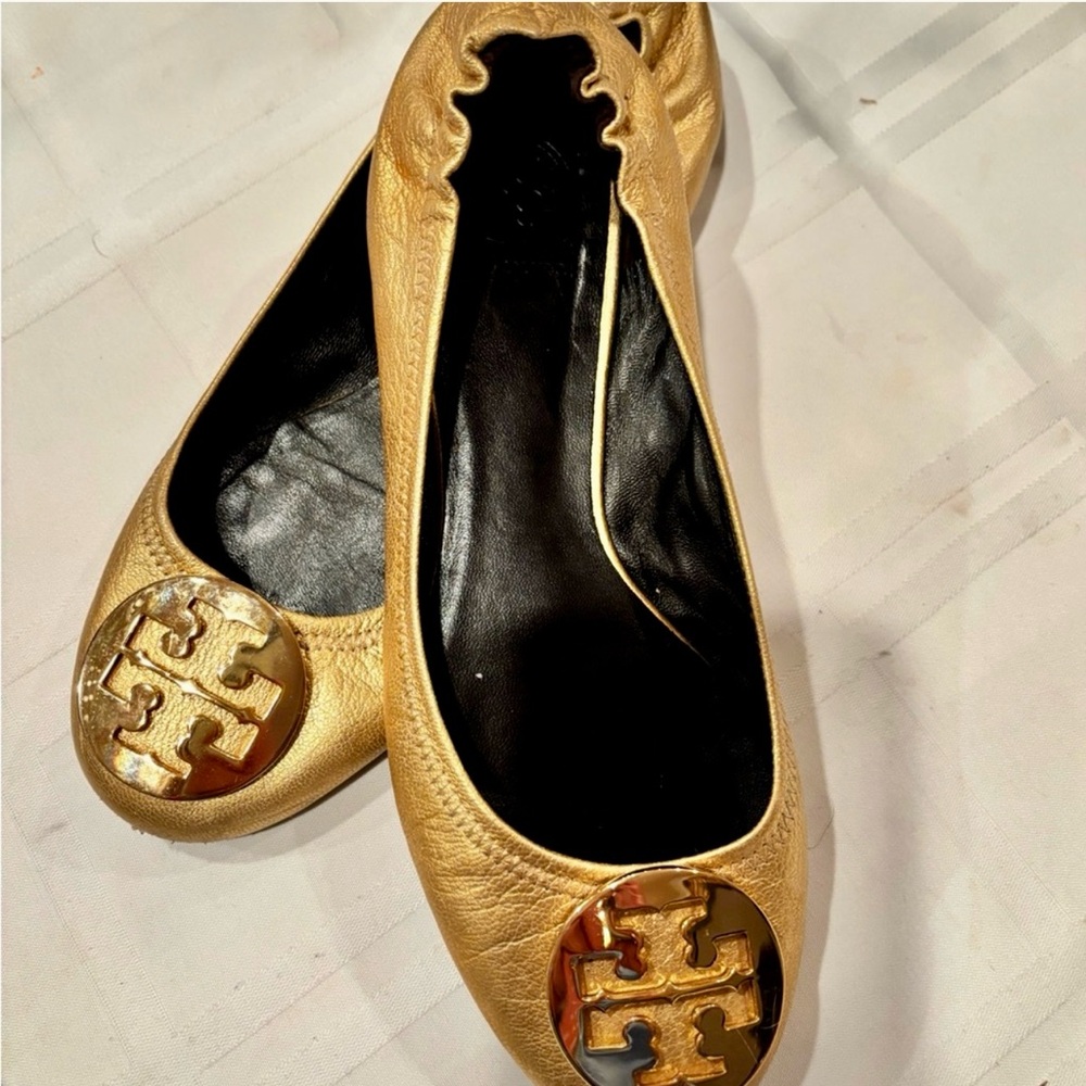 Tory Burch Metallic Gold Loafers with Black Lining